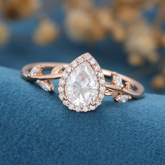 1 CT Pear Halo Twig Pave Moissanite Engagement Ring