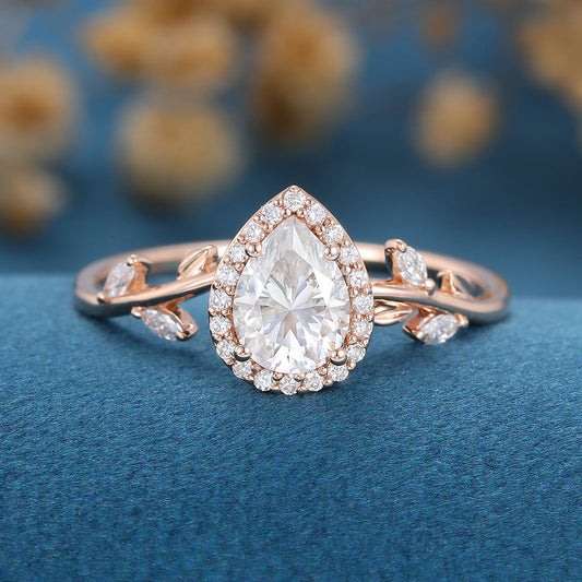 1 CT Pear Halo Twig Pave Moissanite Engagement Ring