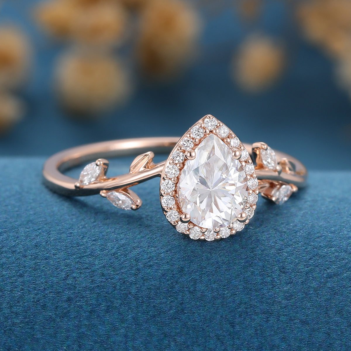 1 CT Pear Halo Twig Pave Moissanite Engagement Ring