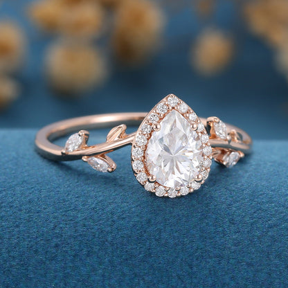 1 CT Pear Halo Twig Pave Moissanite Engagement Ring
