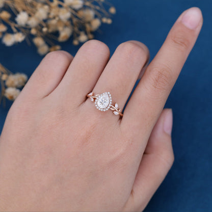 1 CT Pear Halo Twig Pave Moissanite Engagement Ring
