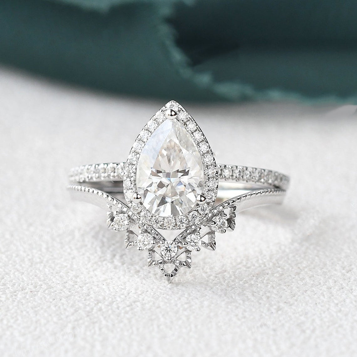2.0 CT Pear Halo & Pave Moissanite Bridal Set