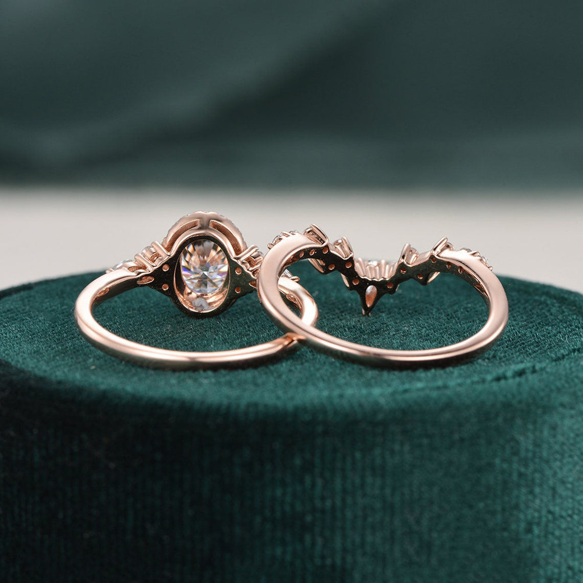 2.0 CT Oval Hidden Halo & Vintage Moissanite Bridal Set