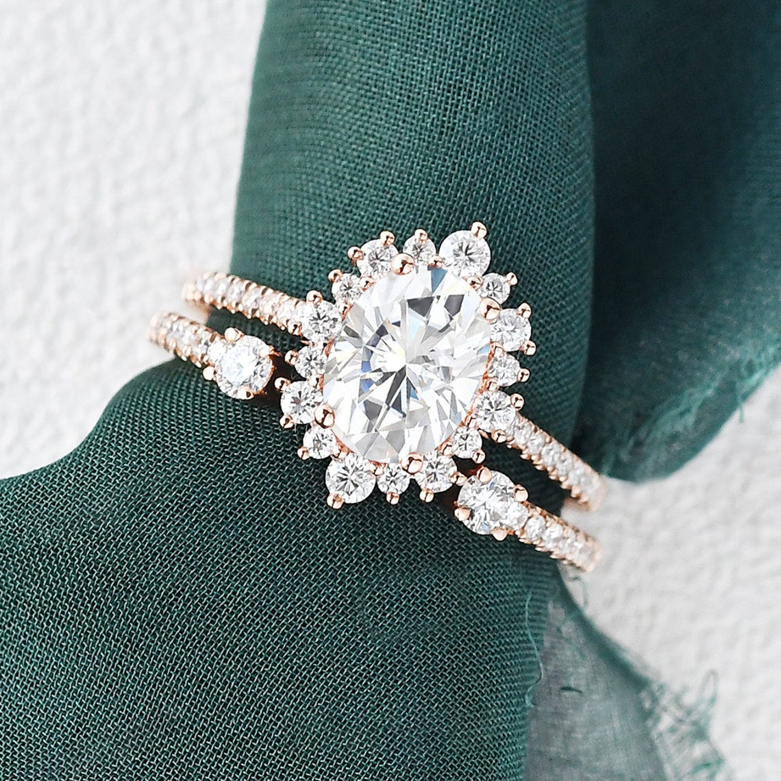2.0 CT Oval Halo & Pave Moissanite Bridal Set