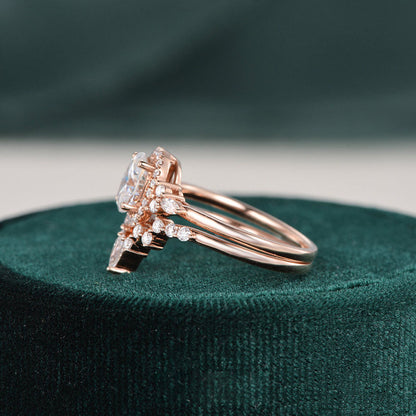 2.0 CT Oval Cut Cluster Halo Moissanite Bridal Ring Set 2