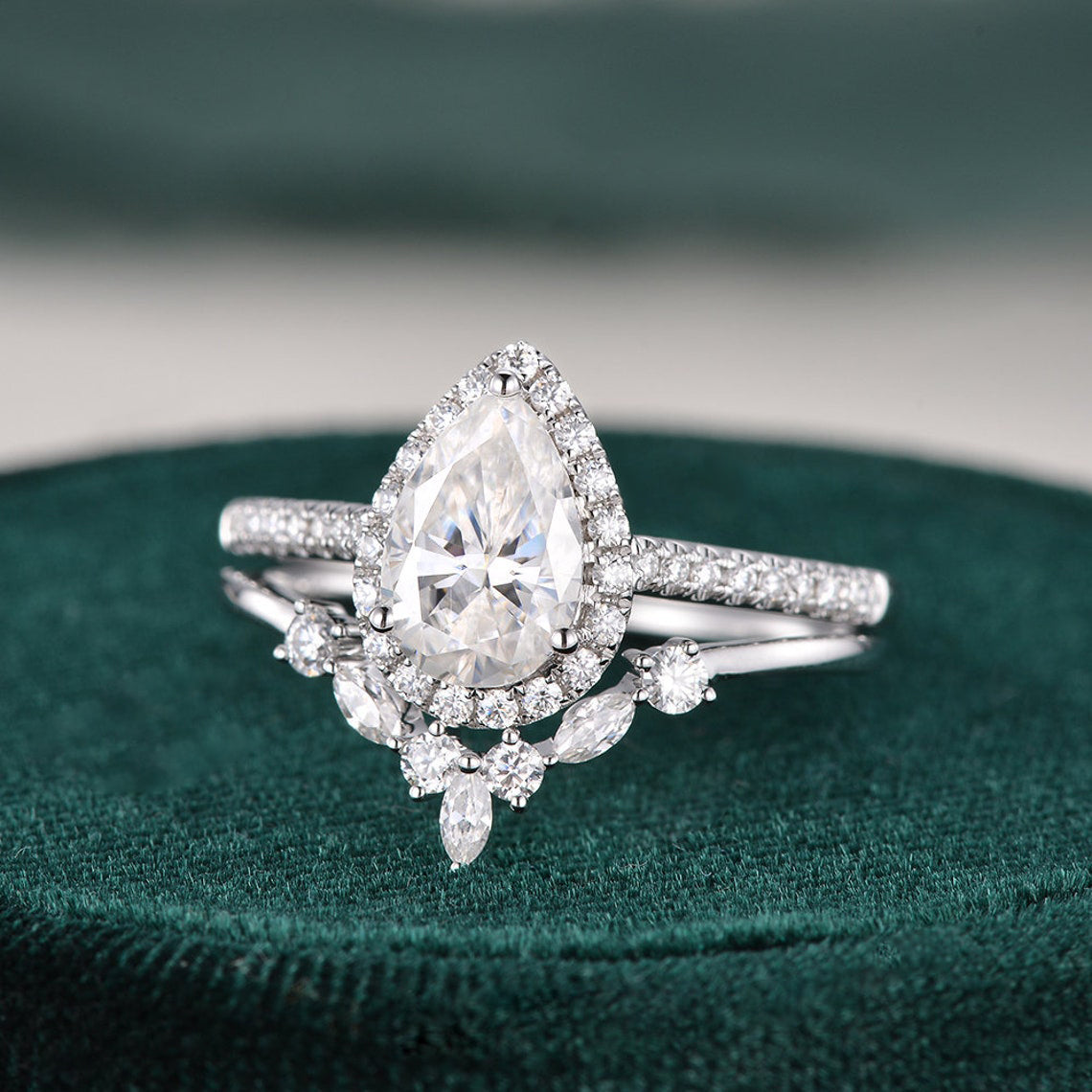 2.0 CT Pear Halo & Pave Moissanite Bridal Set