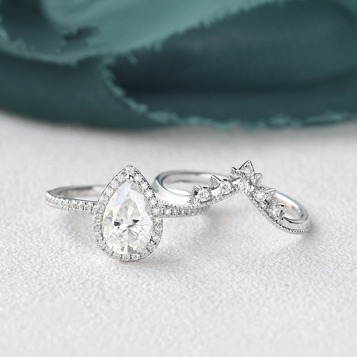 2.0 CT Pear Halo & Pave Moissanite Bridal Set