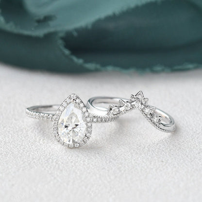 2.0 CT Pear Halo & Pave Moissanite Bridal Set