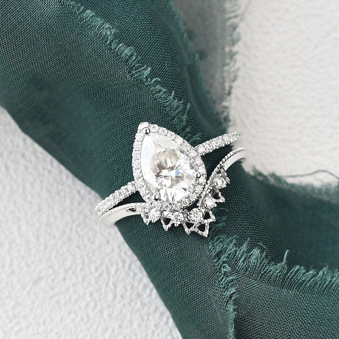 2.0 CT Pear Halo & Pave Moissanite Bridal Set