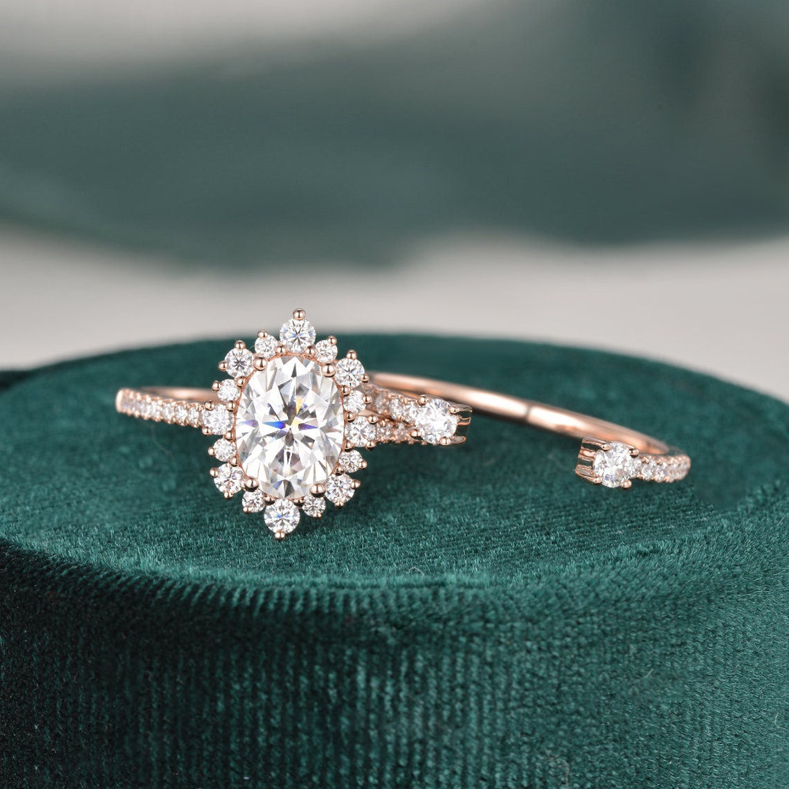 2.0 CT Oval Halo & Pave Moissanite Bridal Set