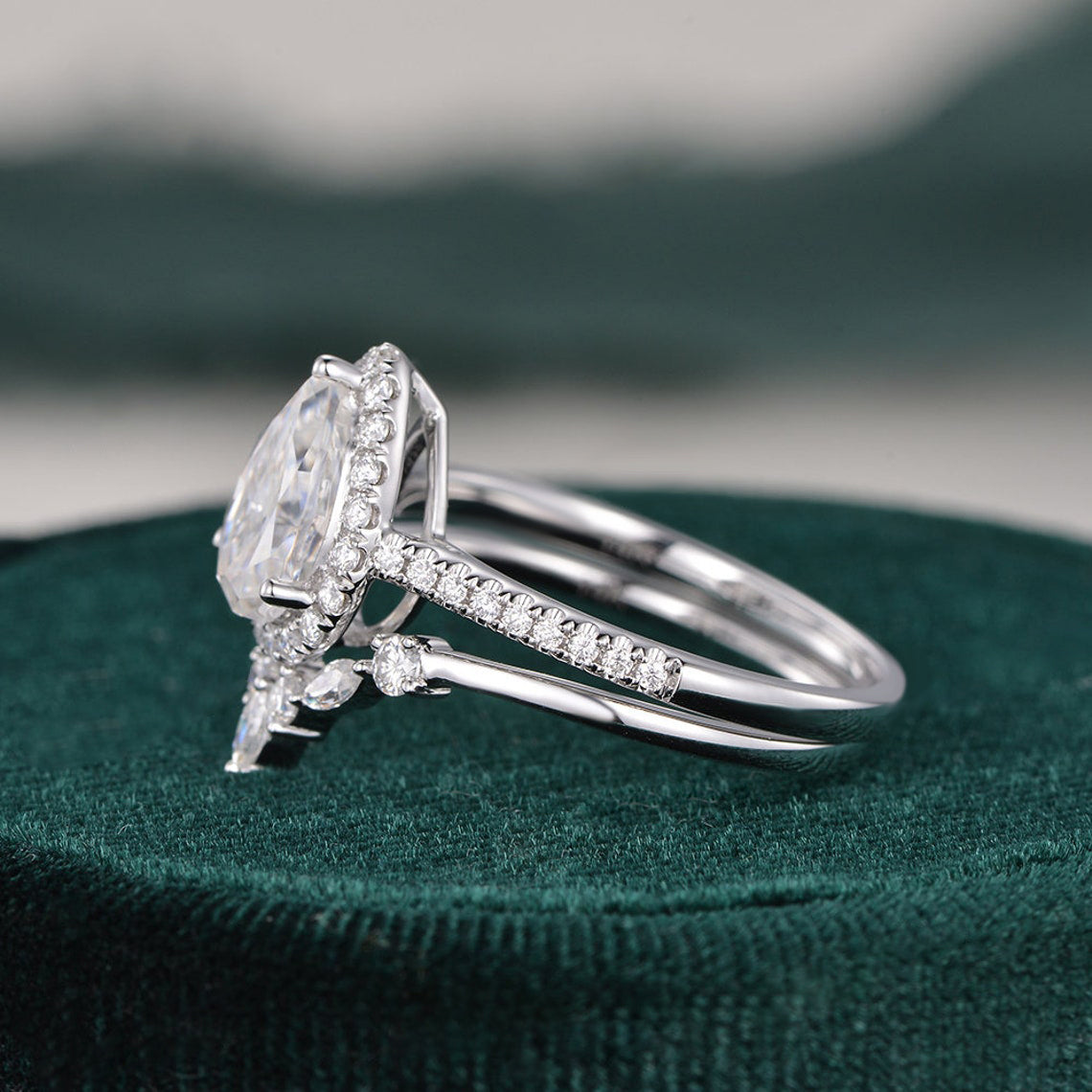 2.0 CT Pear Halo & Pave Moissanite Bridal Set