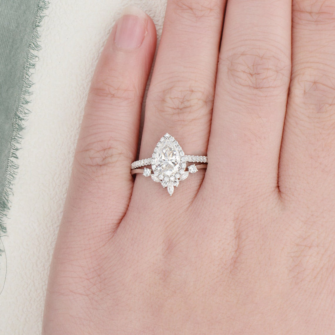 2.0 CT Pear Halo & Pave Moissanite Bridal Set