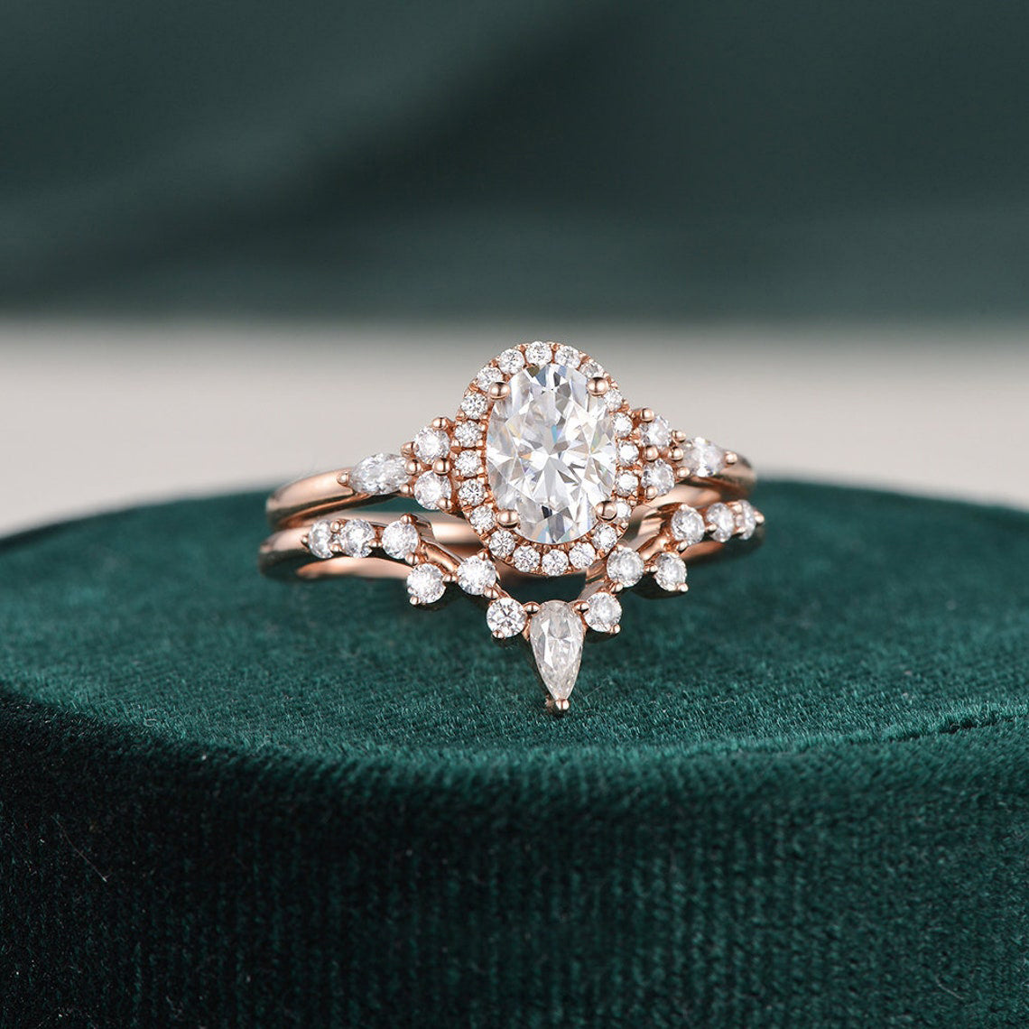 2.0 CT Oval Hidden Halo & Vintage Moissanite Bridal Set