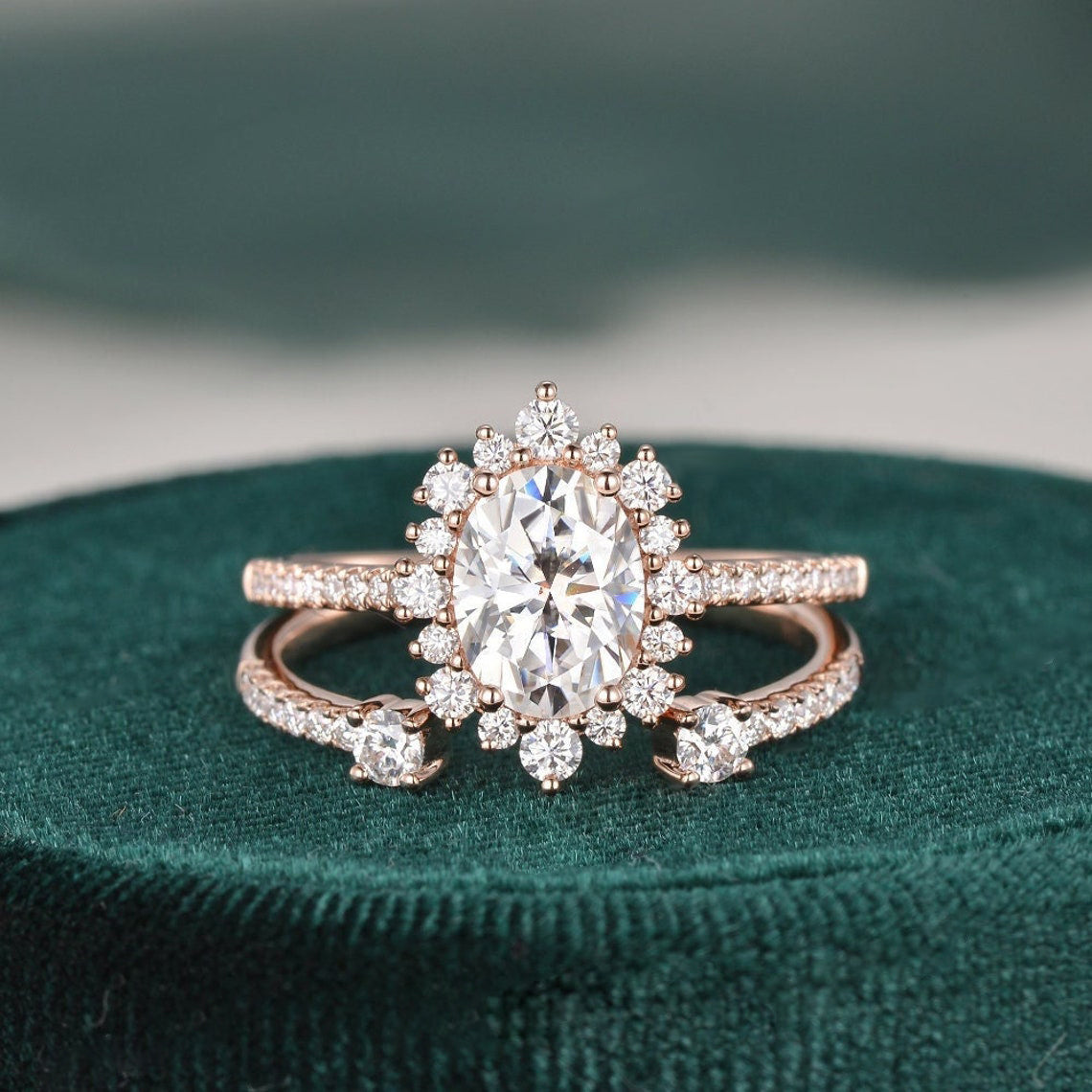 2.0 CT Oval Halo & Pave Moissanite Bridal Set