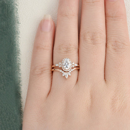 2.0 CT Oval Cut Cluster Halo Moissanite Bridal Ring Set 2