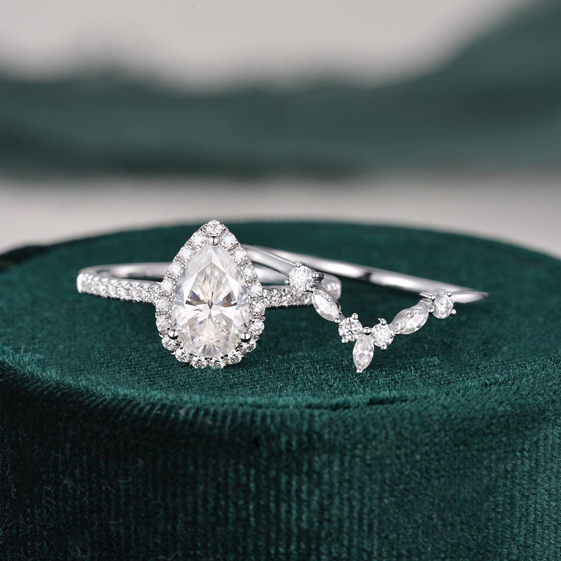 2.0 CT Pear Halo & Pave Moissanite Bridal Set