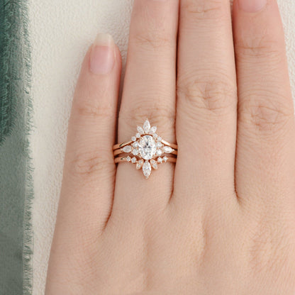 1.0 CT Oval Cut Cluster Art Deco Moissanite Bridal Ring Set 2