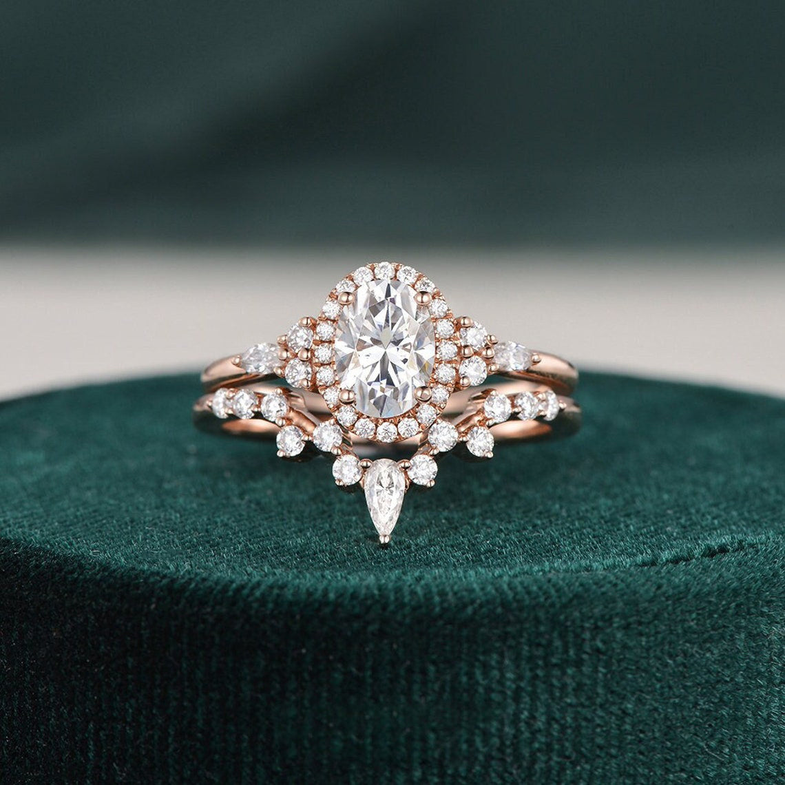 2.0 CT Oval Hidden Halo & Vintage Moissanite Bridal Set