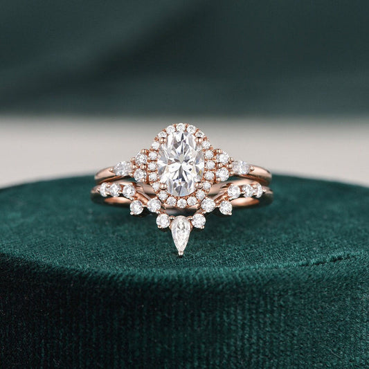 2.0 CT Oval Hidden Halo & Vintage Moissanite Bridal Set