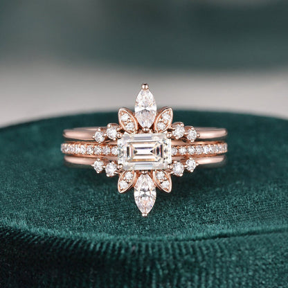 2.0 CT Emerald Cut Solitaire Pave Setting Moissanite Bridal Ring Set 1