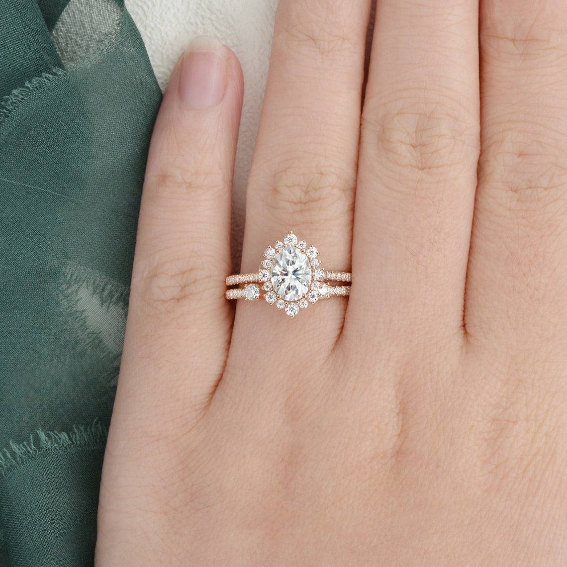 2.0 CT Oval Halo & Pave Moissanite Bridal Set
