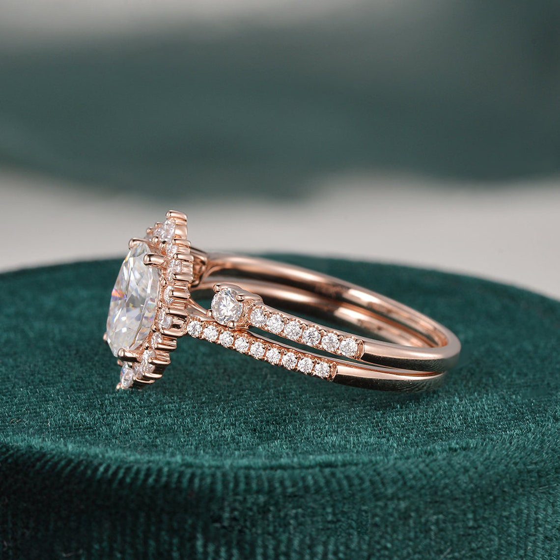 2.0 CT Oval Halo & Pave Moissanite Bridal Set