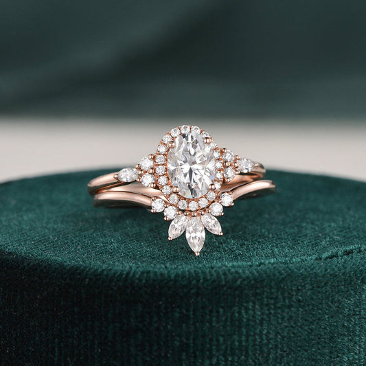 2.0 CT Oval Cut Cluster Halo Moissanite Bridal Ring Set 1