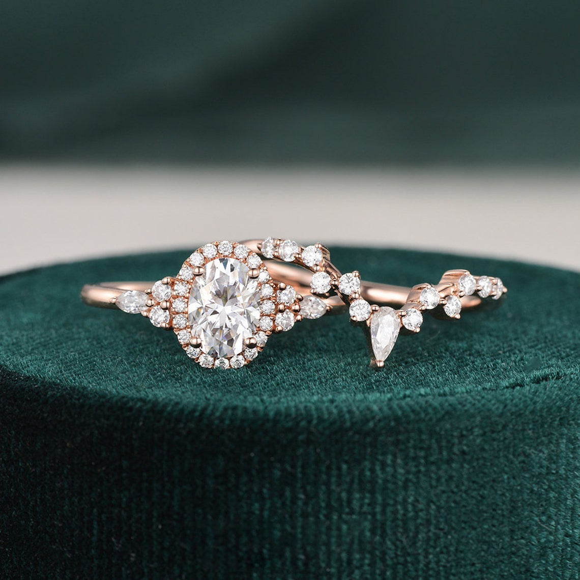 2.0 CT Oval Hidden Halo & Vintage Moissanite Bridal Set