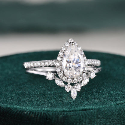 2.0 CT Pear Halo & Pave Moissanite Bridal Set