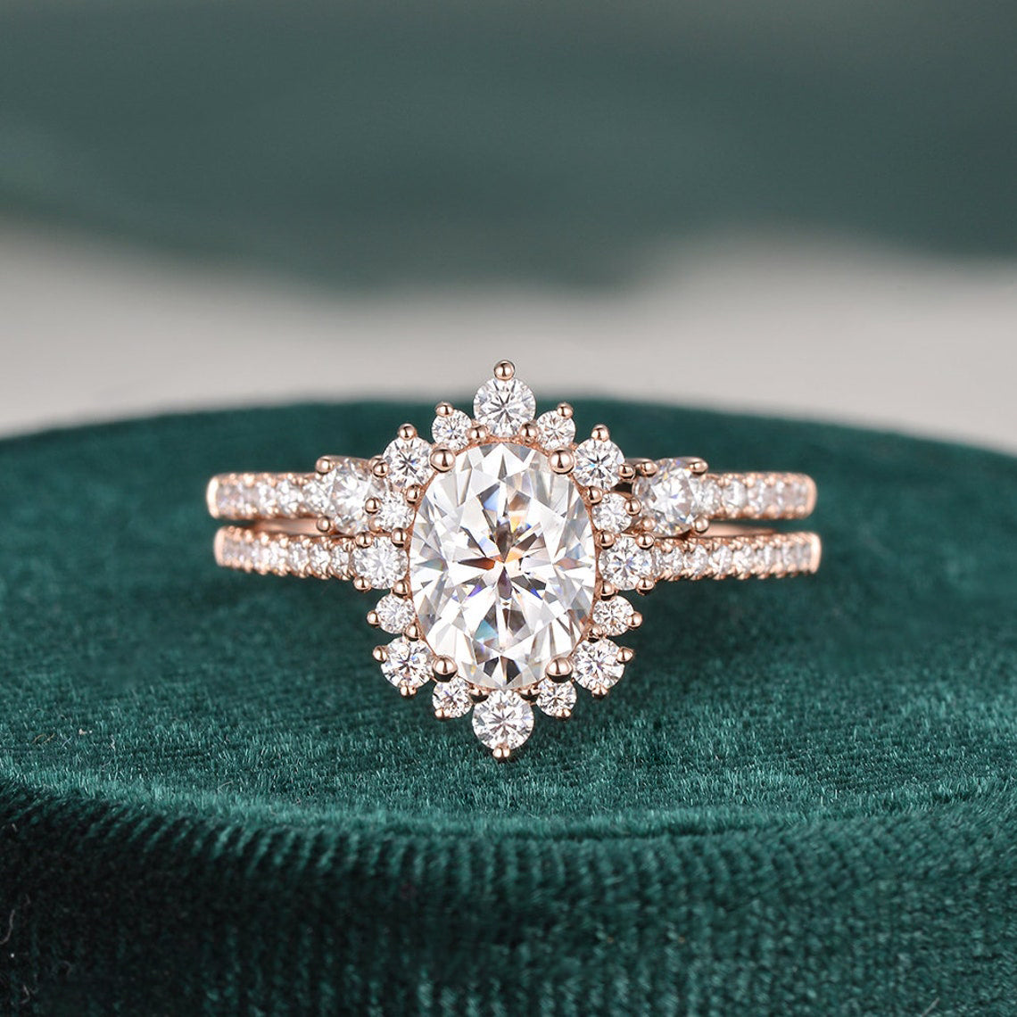 2.0 CT Oval Halo & Pave Moissanite Bridal Set