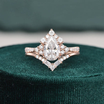 1.50 CT Pear Cut Cluster Art Deco Moissanite Bridal Ring Set 1
