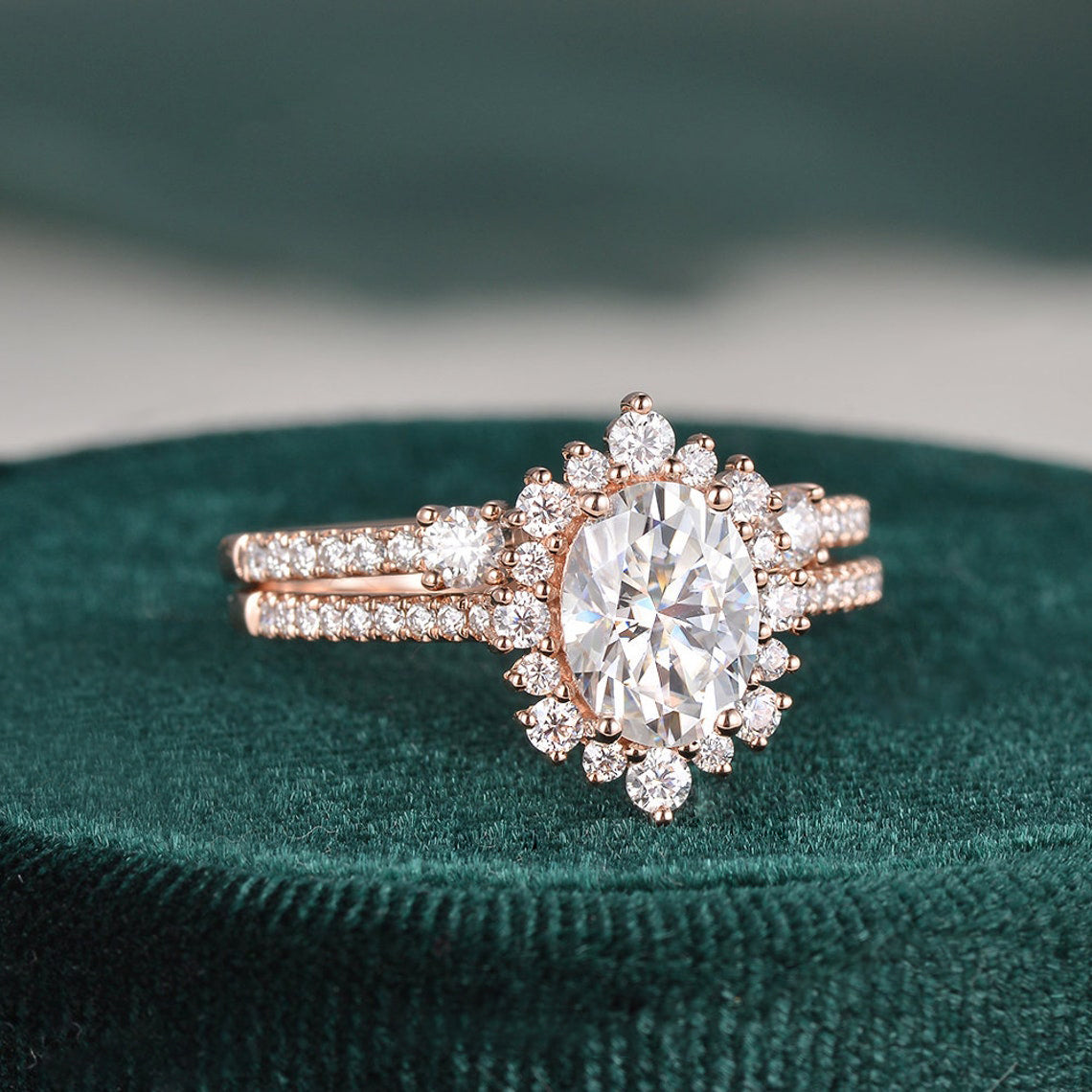 2.0 CT Oval Halo & Pave Moissanite Bridal Set