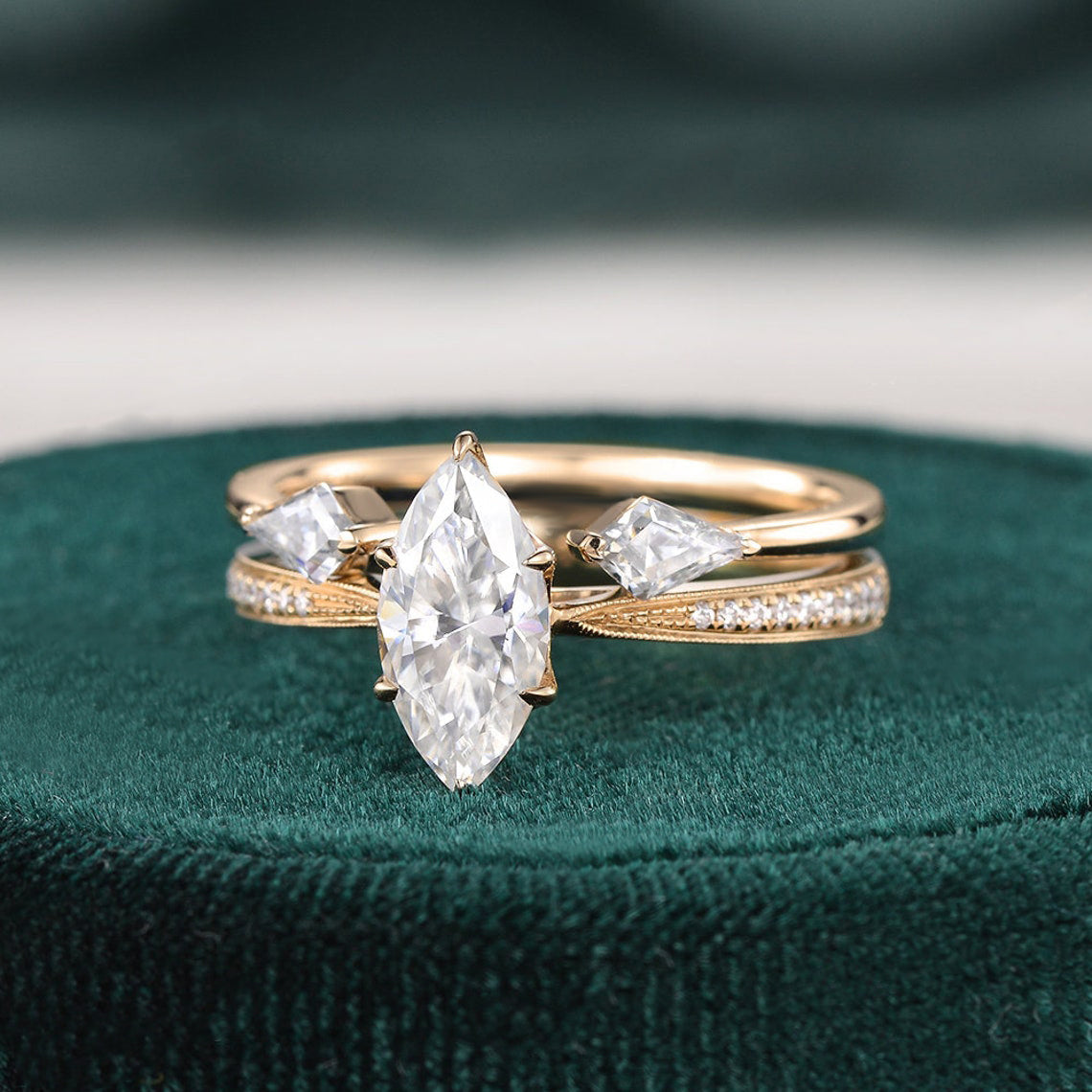 1 CT Marquise Three Stone Moissanite Bridal Set