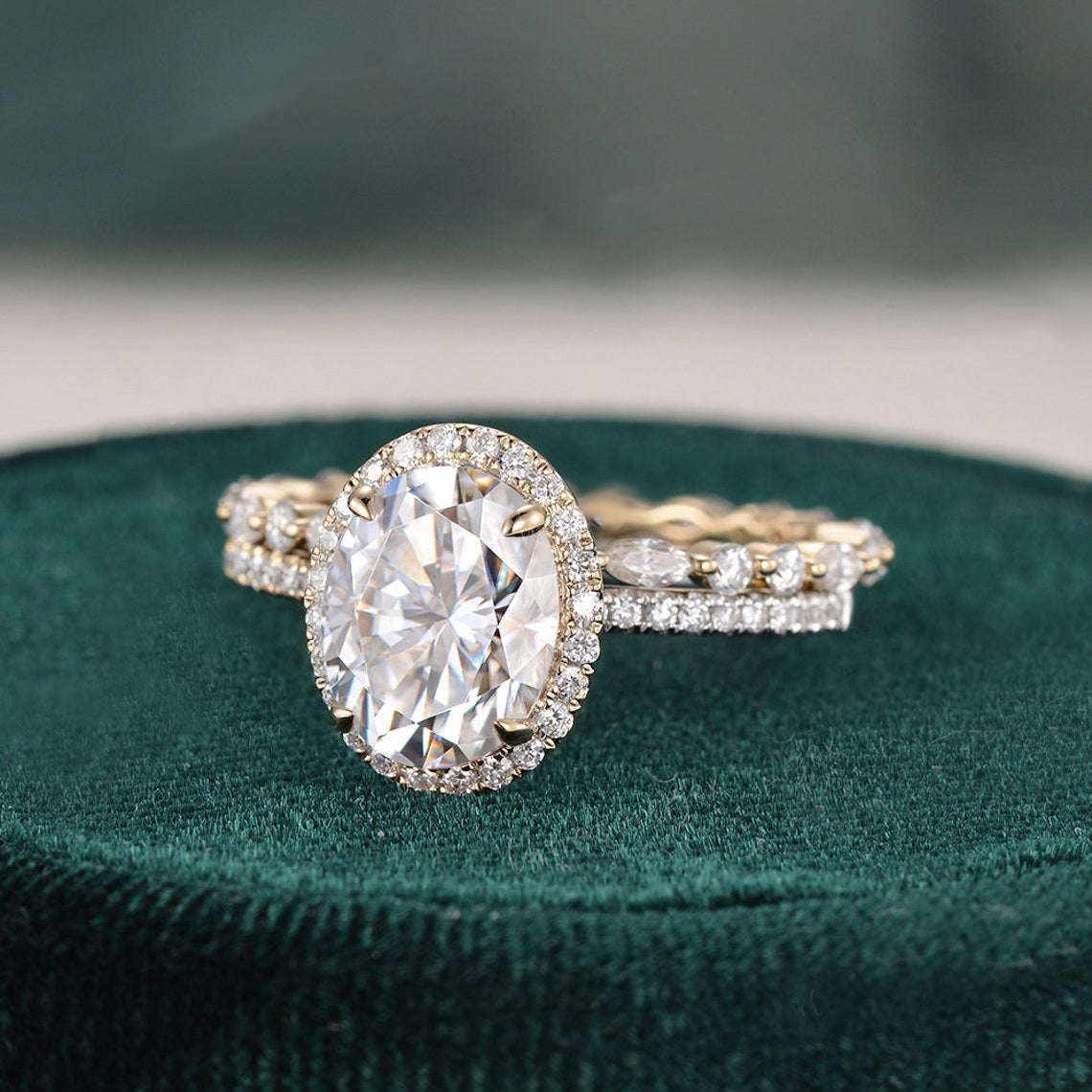2 CT Oval Halo & Pave Moissanite Bridal Set