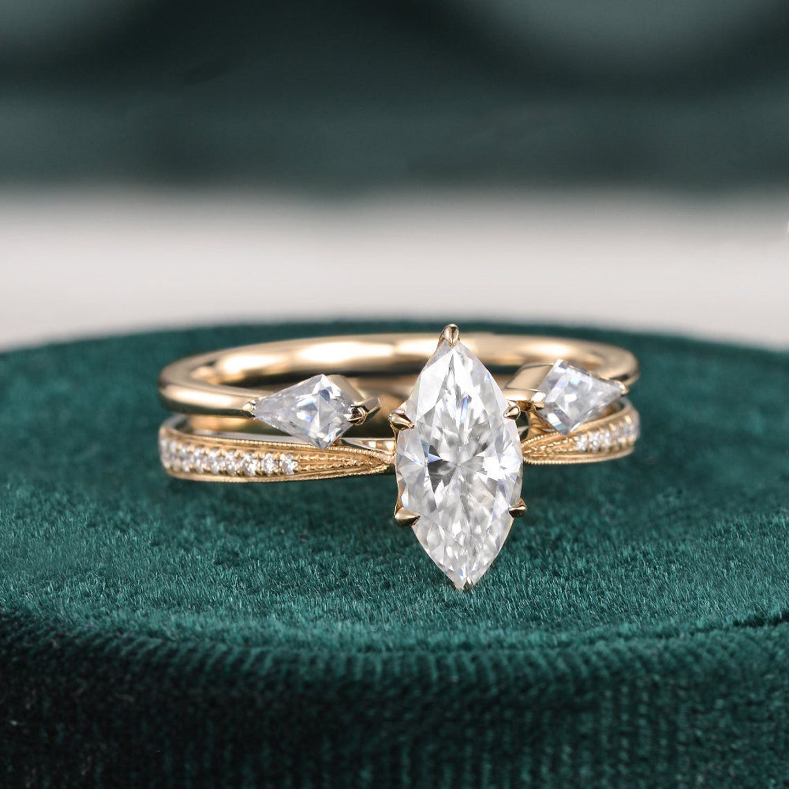 1 CT Marquise Three Stone Moissanite Bridal Set
