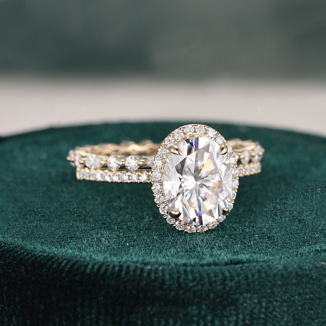 2 CT Oval Halo & Pave Moissanite Bridal Set