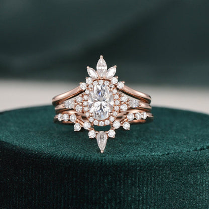 1 CT Oval Halo & Cluster Moissanite Bridal Set