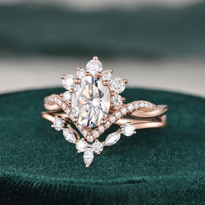 1.50 CT Oval Cut Art Deco Moissanite Bridal Ring Set 1