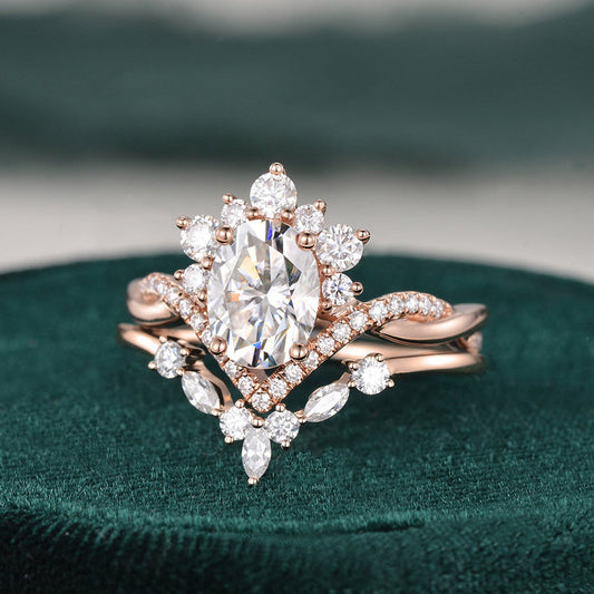 1.50 CT Oval Cut Art Deco Moissanite Bridal Ring Set 1
