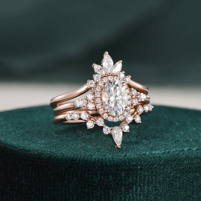 1 CT Oval Halo & Cluster Moissanite Bridal Set