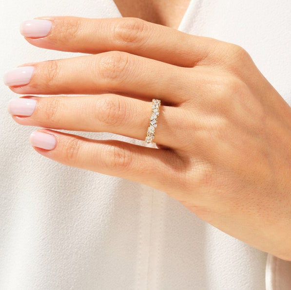 0.58 TCW Marquise, Baguette & Round Cluster Moissanite Wedding Band