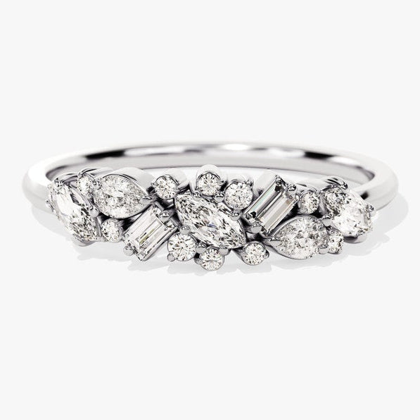 0.72 TCW Marquise, Baguette & Round Cluster Moissanite Wedding Band