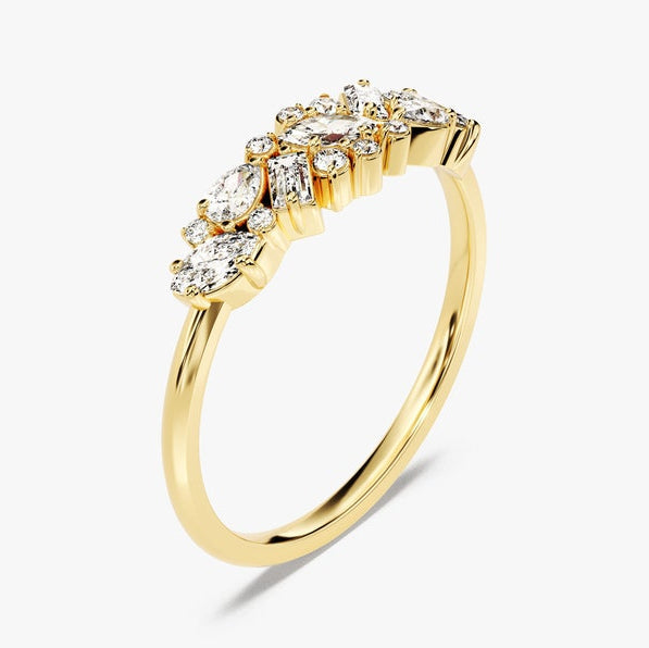 0.72 TCW Marquise, Baguette & Round Cluster Moissanite Wedding Band
