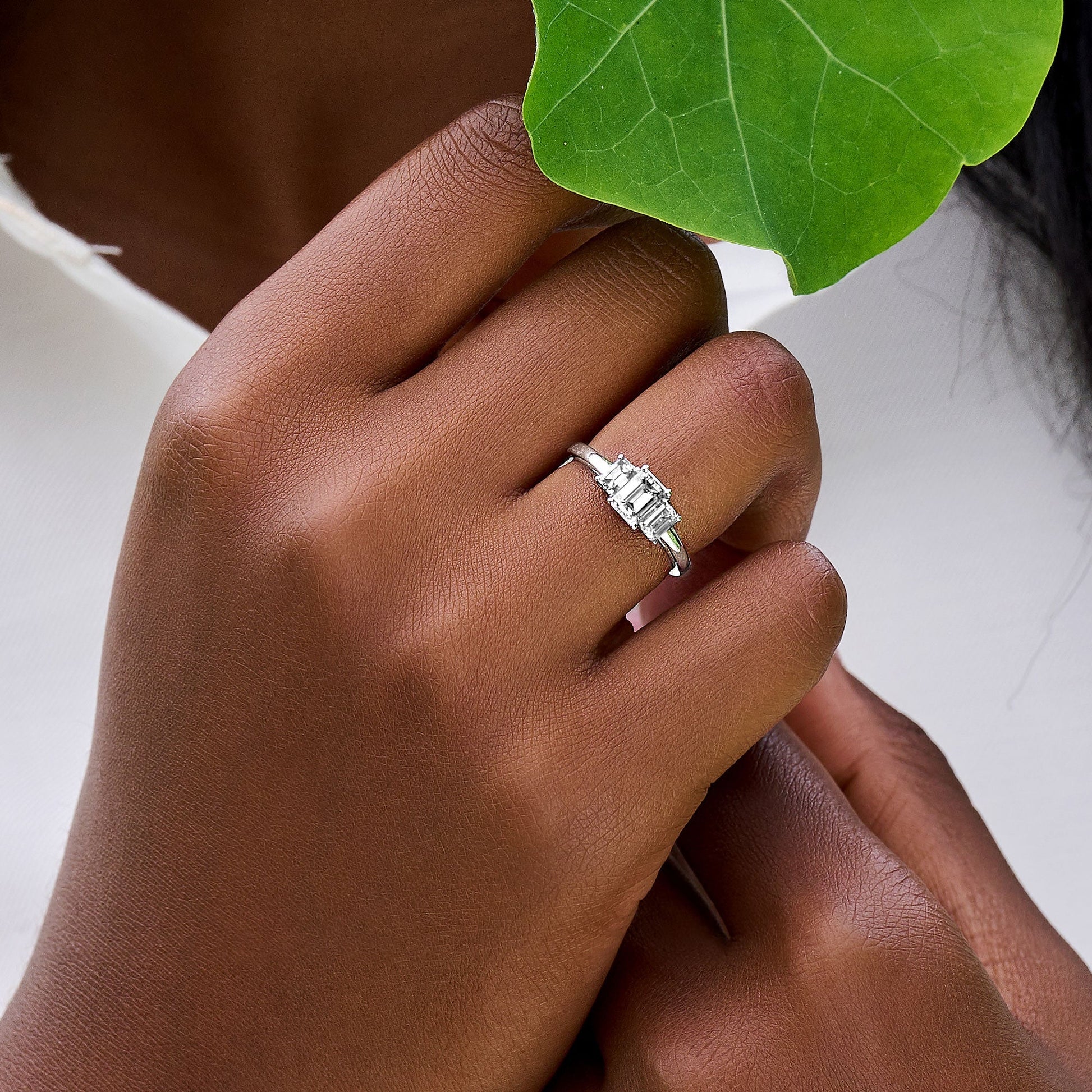 0.70 CT Emerald Three Stone Moissanite Engagement Ring