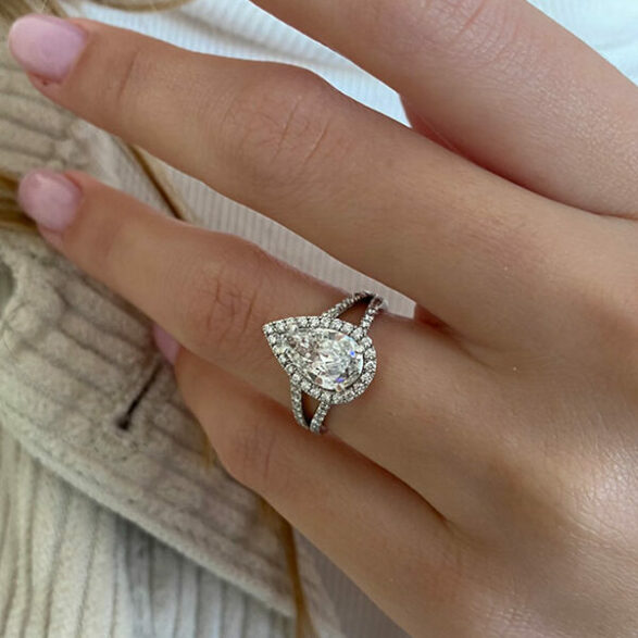 2.25 CT Pear Halo, Split Shank & Pave Moissanite Engagement Ring