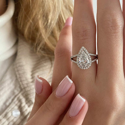 2.25 CT Pear Halo, Split Shank & Pave Moissanite Engagement Ring