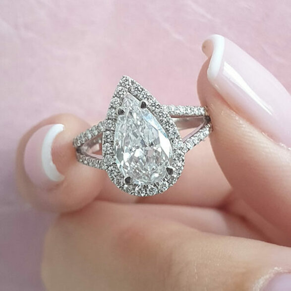 2.25 CT Pear Halo, Split Shank & Pave Moissanite Engagement Ring
