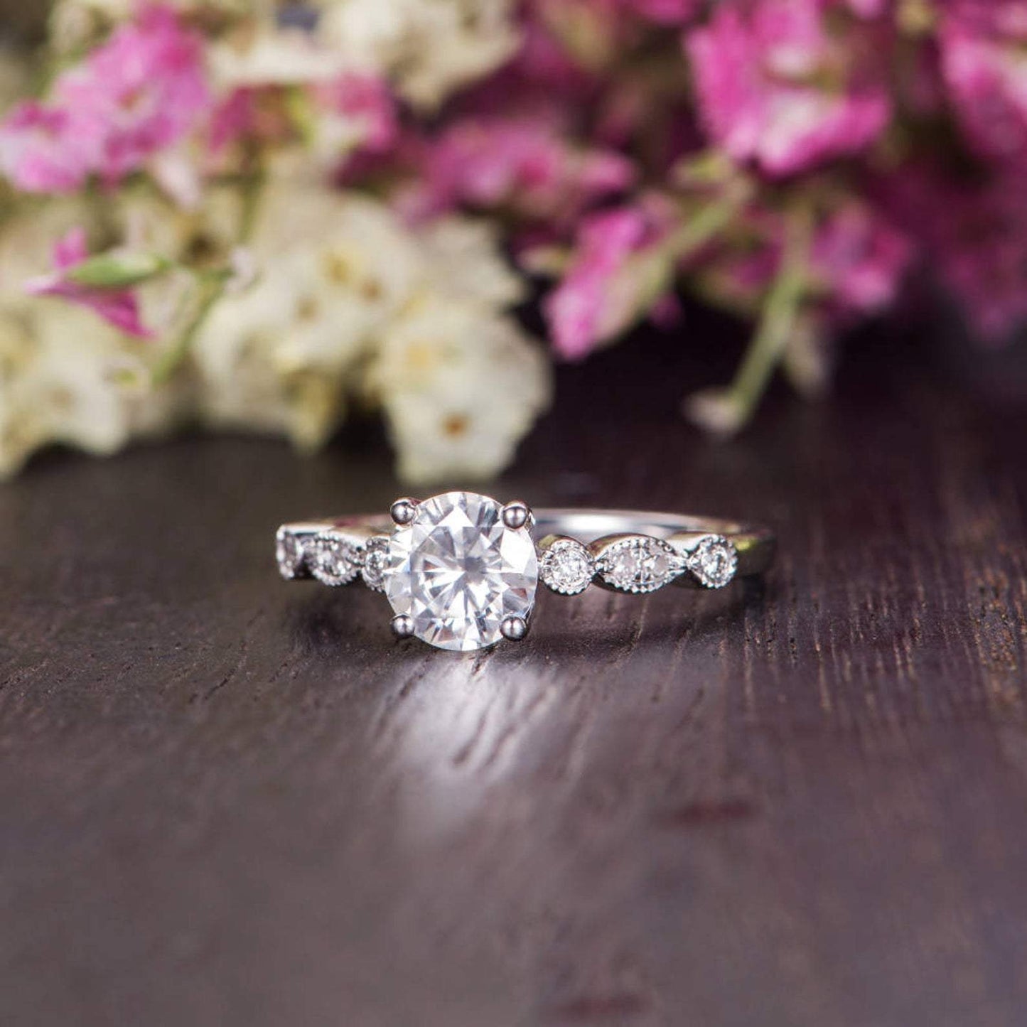 1.35 CT Round Vintage Pave Moissanite Engagement Ring