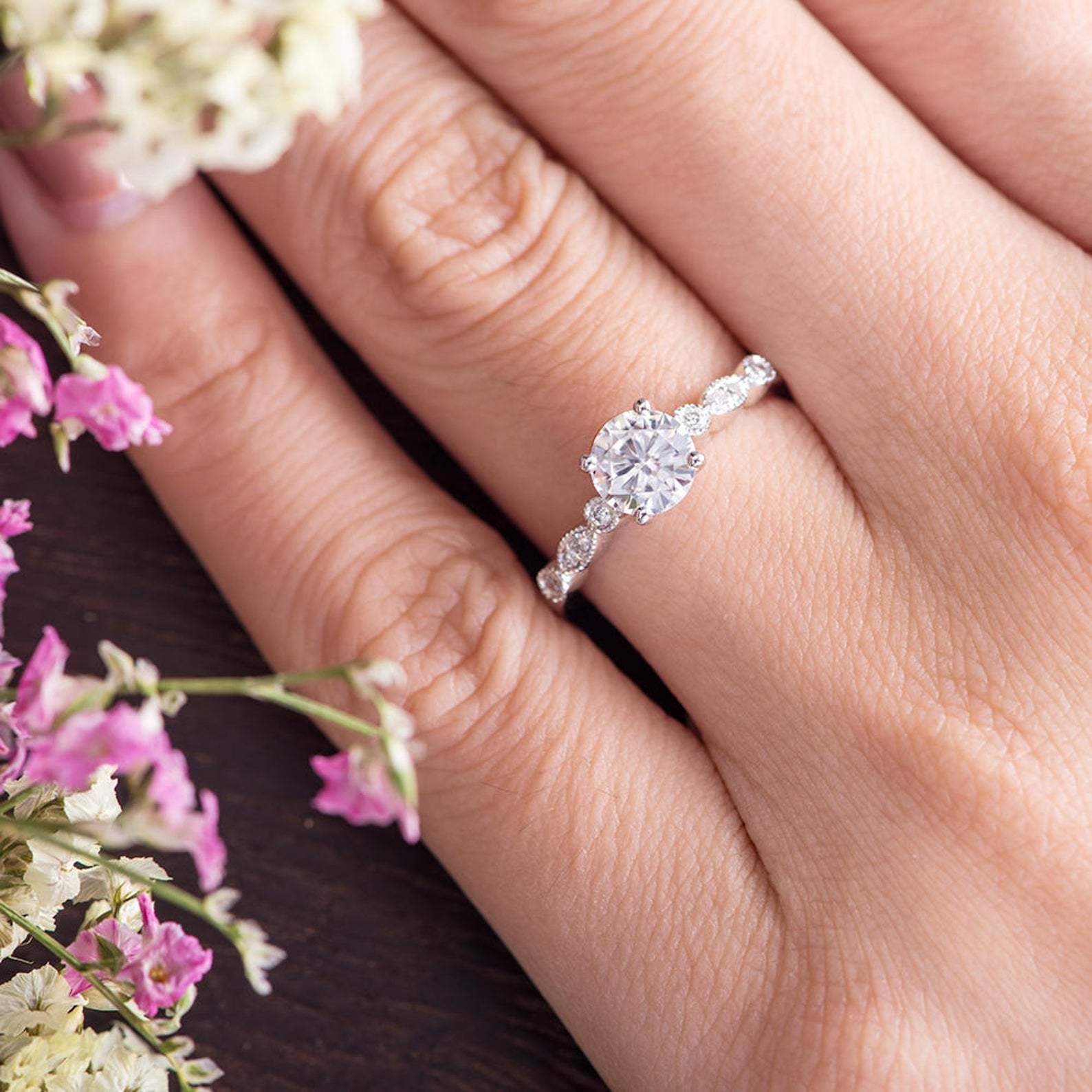 1.35 CT Round Vintage Pave Moissanite Engagement Ring