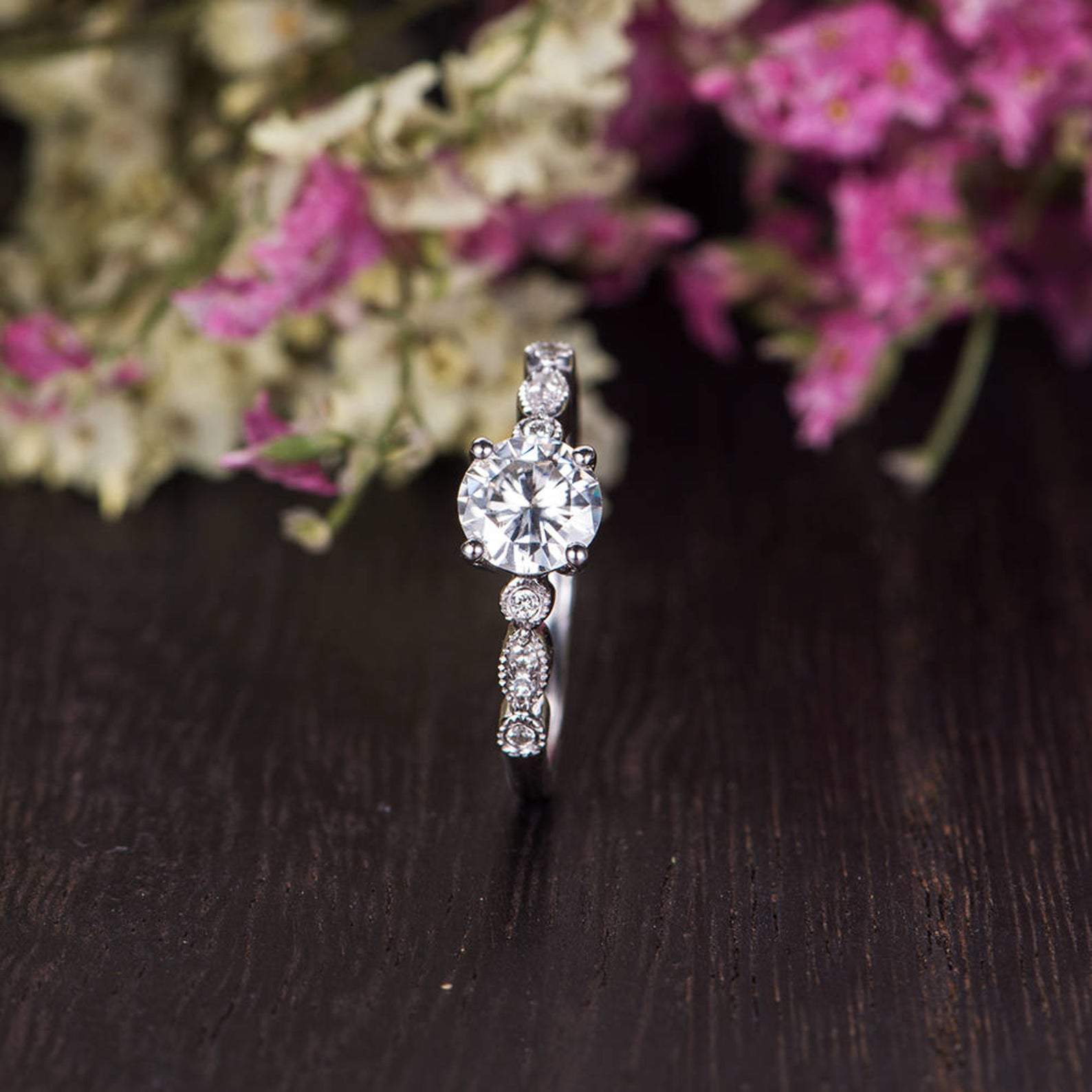 1.35 CT Round Vintage Pave Moissanite Engagement Ring